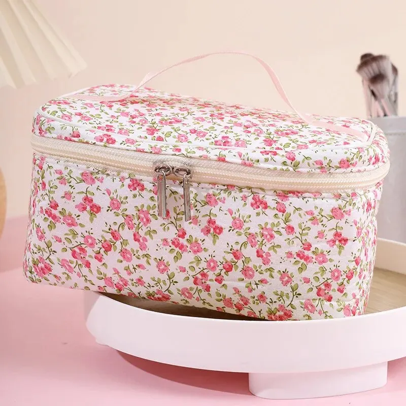 Floral Cotton Cosmetic Pouch - Dual Zipper Makeup Organizer & Portable Travel Wash Bag