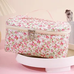 Floral Cotton Cosmetic Pouch - Dual Zipper Makeup Organizer & Portable Travel Wash Bag (D)