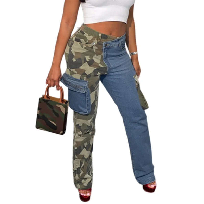 Fashion Color Contrast Camouflage Straight Jeans Female Workwear Style Multi-pockets Denim Pants Women's Mid Waist Trousers 2023