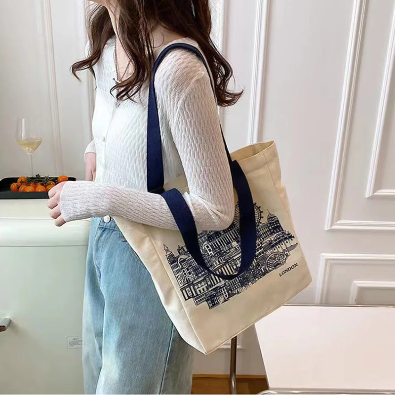 Women Canvas Shoulder Bag London Books Print Ladies Casual Handbag Tote Bag Reusable Large Capacity Cotton Shopping Beach