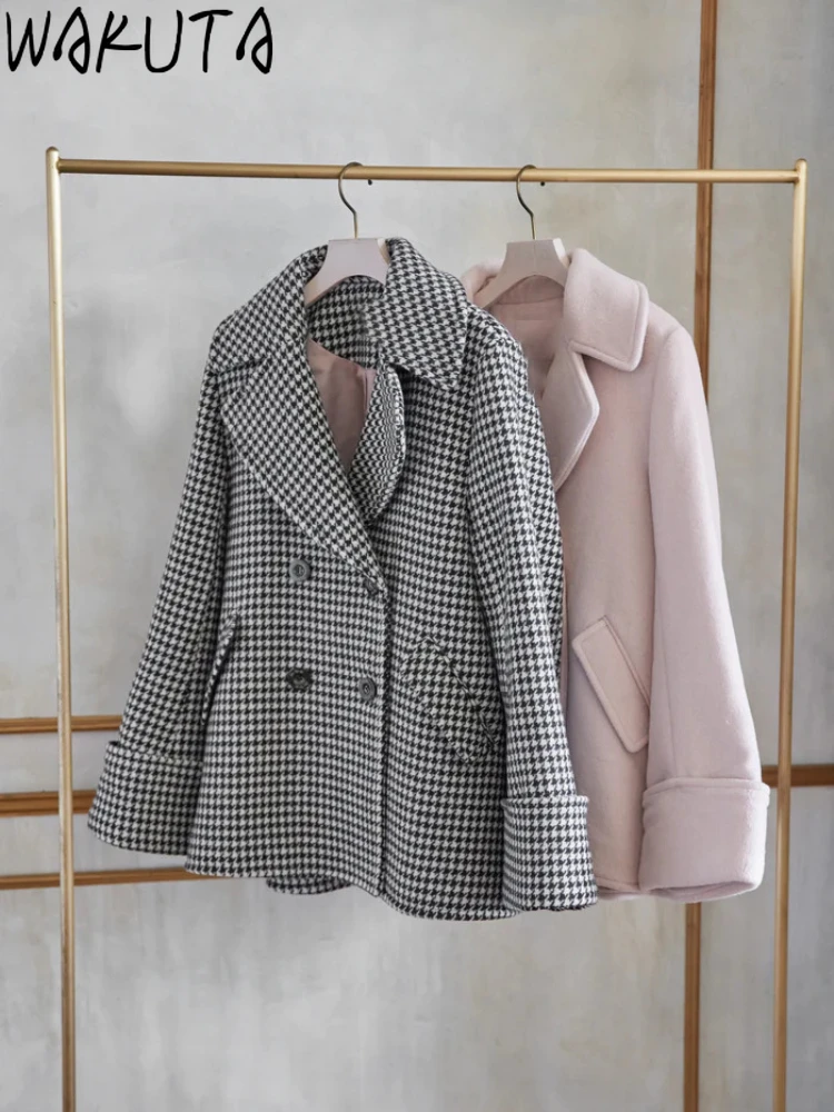 

Wakuta Turn-Down Collar Long Sleeve Sweet Coat Casual Elegant Houndstooth Double Breasted Jacket Japan Loose Soft Outwears