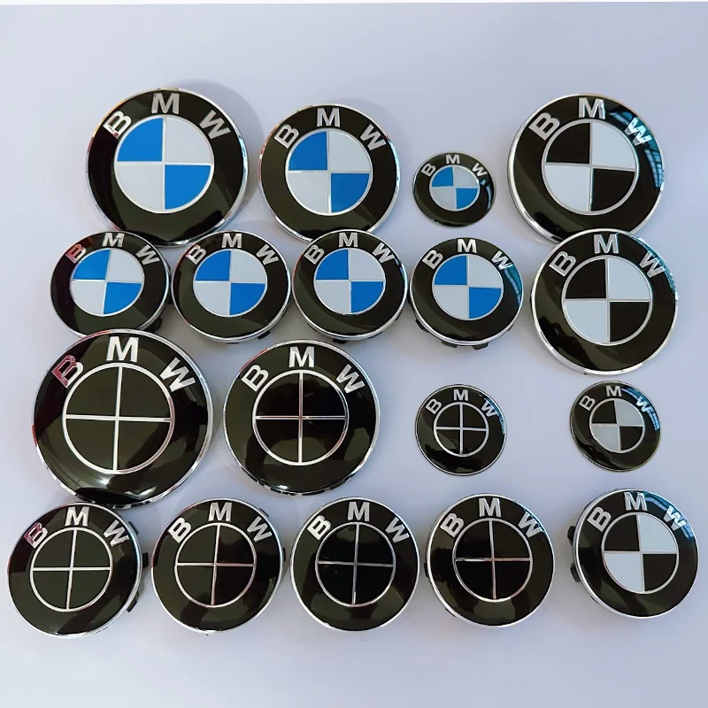 BMW 레이스 트랙용 전면 후드 엠블럼, 블랙 화이트 로고 81mm, 후면 배지 74mm, 휠 허브 캡 68mm, 56mm 스티어링 휠 스티커 46mm