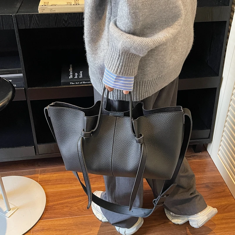 Schwarz Casual Weiche Große Kapazität Tote Frauen Handtaschen Designer Luxus Pu Leder Schulter Tasche Retro Große Shopper Geldbörsen 2 Set Tasche – Detail 4