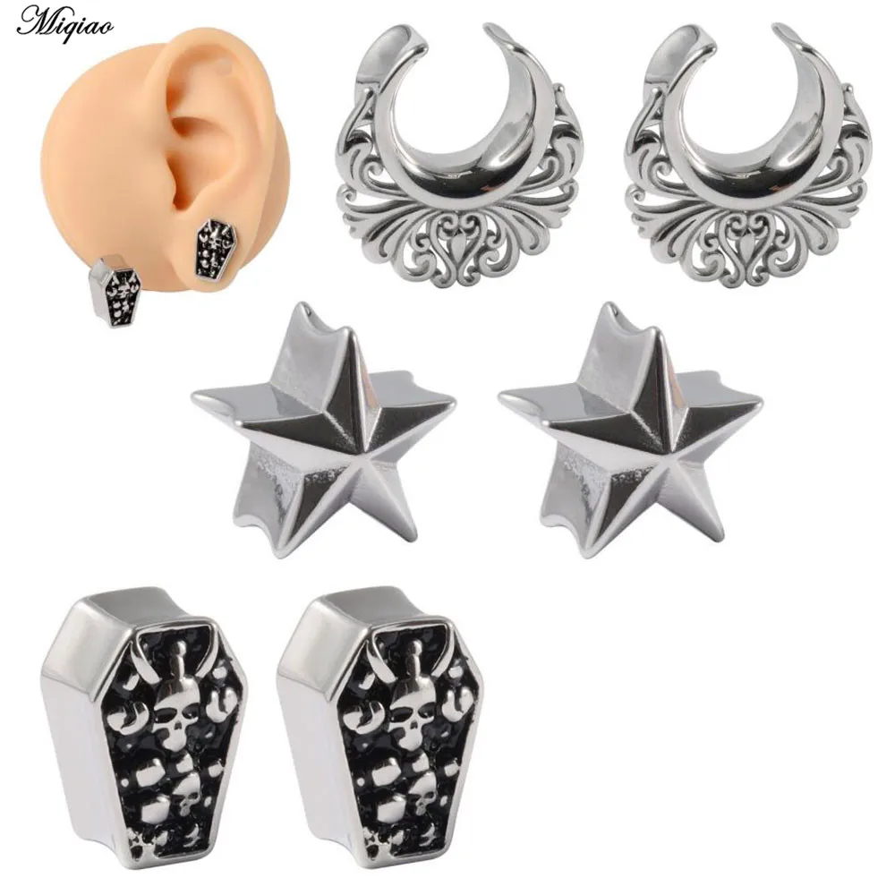 

Miqiao 1 Pair Stainless Steel Star Skull Ear Piercing Plugs Gauges Expanders 6-16mm Body Jewelry Ear Tunnels Stretchers Jewelry