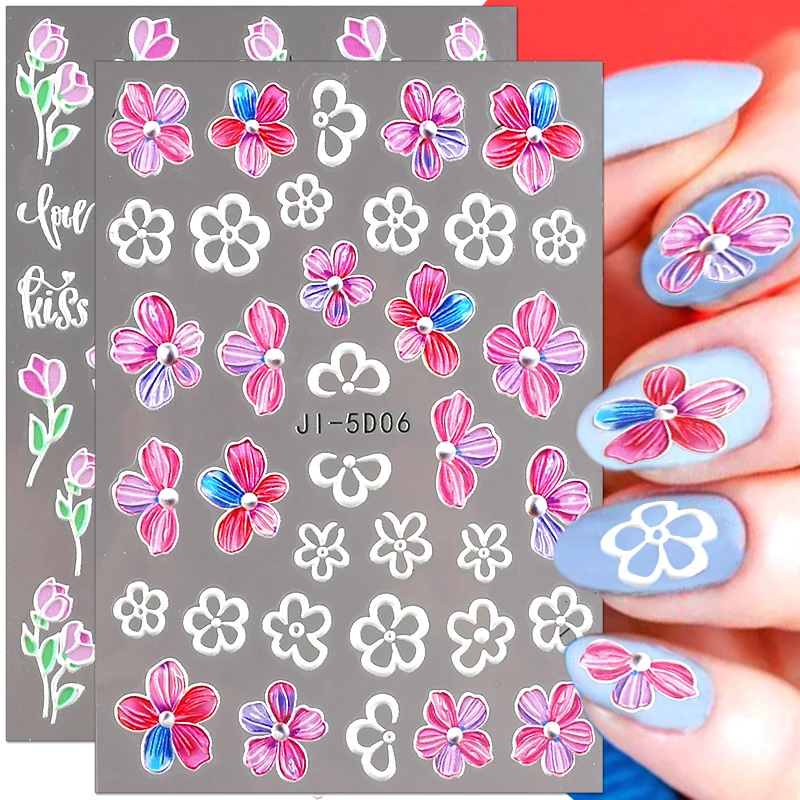

5D Flowers Nail Stickers Stereoscopic Embossed Flower Nail Decals Self Adhesive Nail Art Stickers Floral Nail Decorations