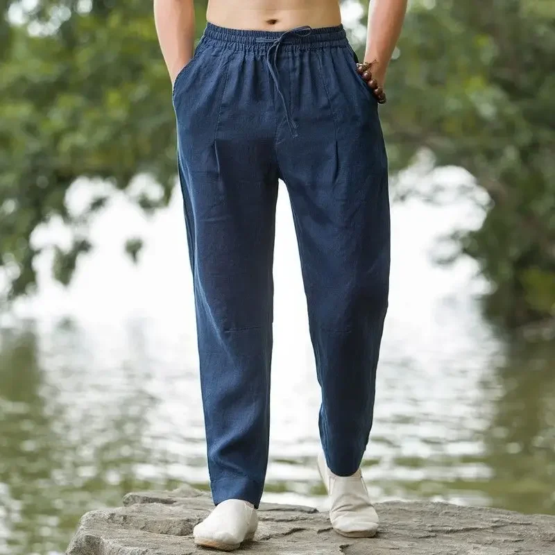 thumbnail image 1 of Pantalones de harén para hombre, holgados, de lino, finos, sueltos, anchos, de verano, nuevos de diseñador, talla grande, tendencia de moda Harajuku, pantalones casuales para hombre, 1 of 4
