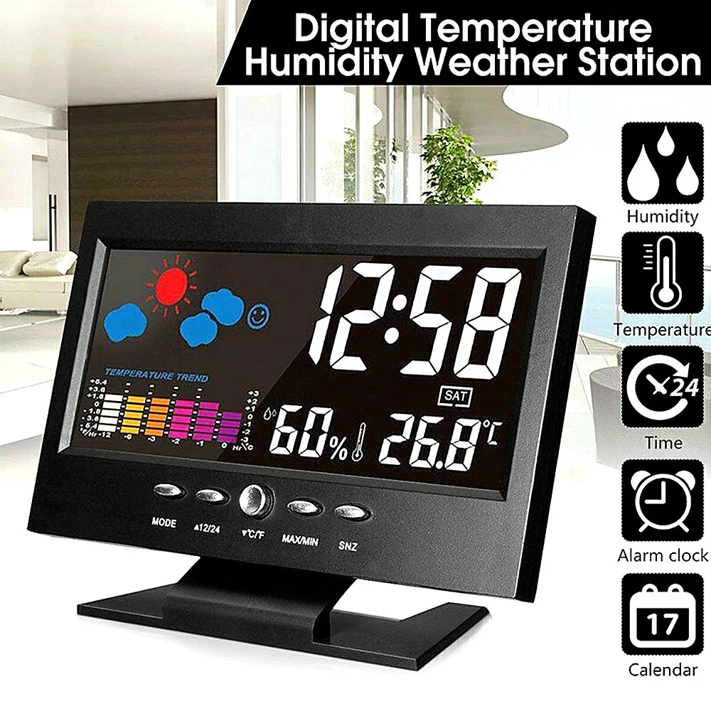 LED digital alarm clock with snooze display calendar thermometer voice activated backlit weather forecast for home student desktop clock weather station