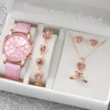 5/6PCS Fashion Women's Quartz Watch Leather Band Analog Wrist Watches Heart Rhinestone Jewelry Set(Without Box) 1