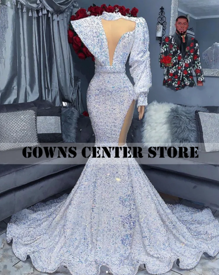 Long Sleeve Prom Dresses For Black Girls Sparkly One Shoulder Special Occasion Dress Mermaid Wedding Party Gown avondjurken light blue prom dresses