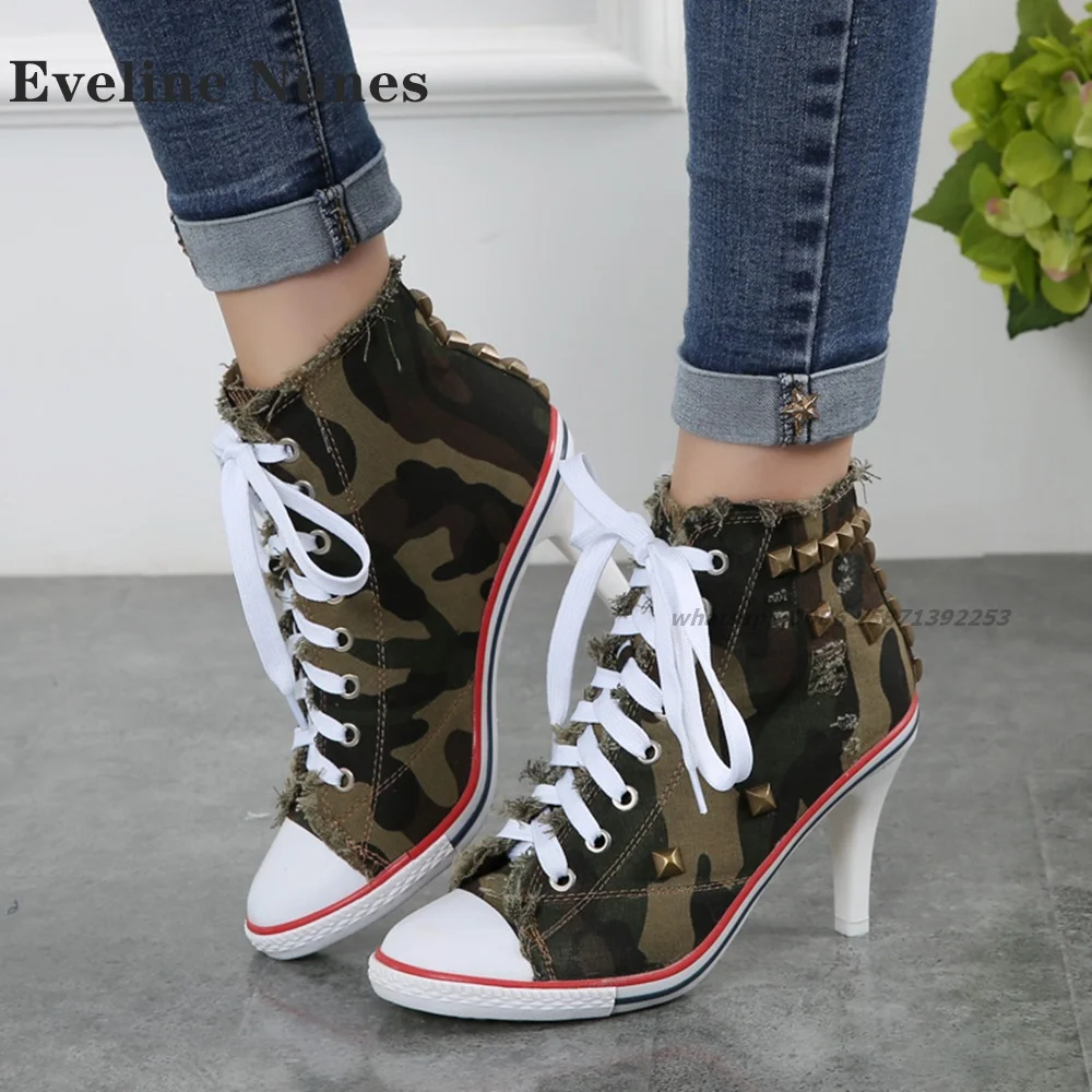 

Rivet Canvas Cross Tied Pumps Round Toe Stiletto Camouflage Patchwork Women Sneakers Tassel Mixed Colors Retro Shoes Trend 2024