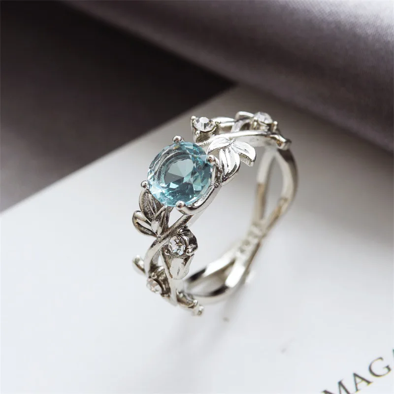Wedding Rings 925 Silver Plated Blue Crystal Rings For Women Vintage Hollow Leaves Couple Ring