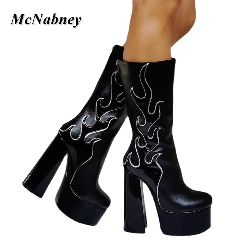 

Winter Gothic Women Boots Platform High Heels Punk Thick Bottom Side Zipper Halloween Silver Flame Boots Black Plus Size Shoes