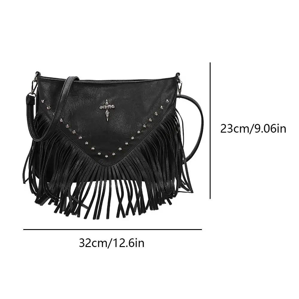 Women PU Rivet Fringe Tassel Bag Large Capacity Vintage Small Handbag Adjustable Strap Tassel Hobo Bag for Party Vacation