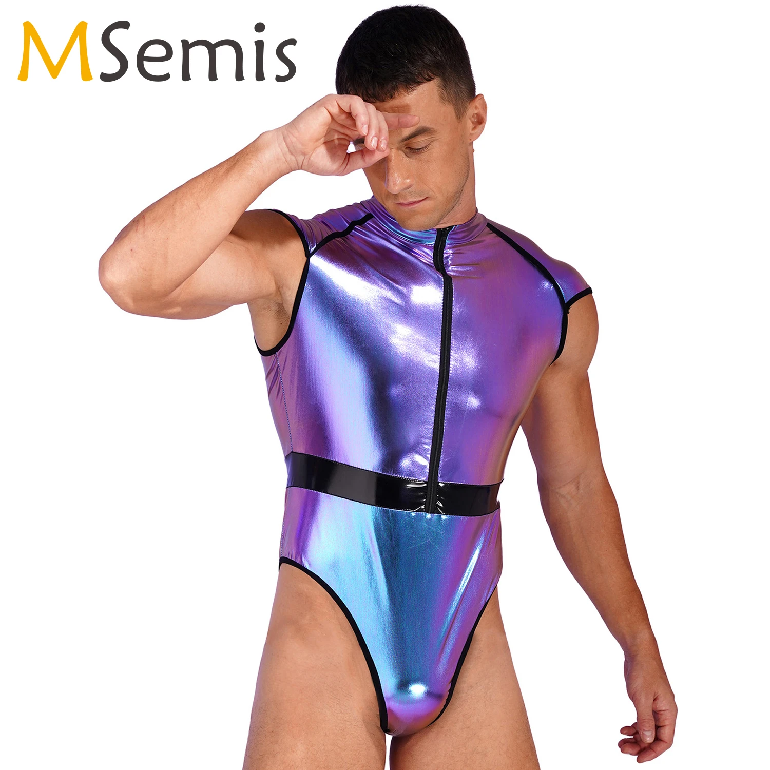 

Mens Halloween Astronaut Role Play Costume Mock Neck Zipper Front Bodysuit Cap Sleeve High Cut Patent Leather Catsuit