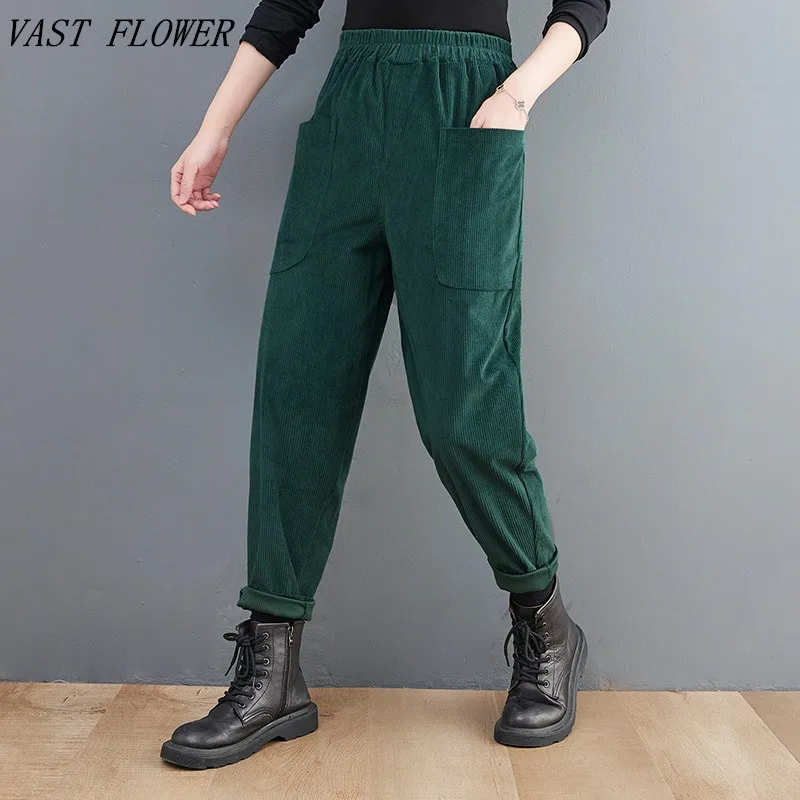 

corduroy Vintage High Elastic Waist Pocket Harem Pants Women New Personality Fashion Casual autumn winter Trousers 2022 clothing
