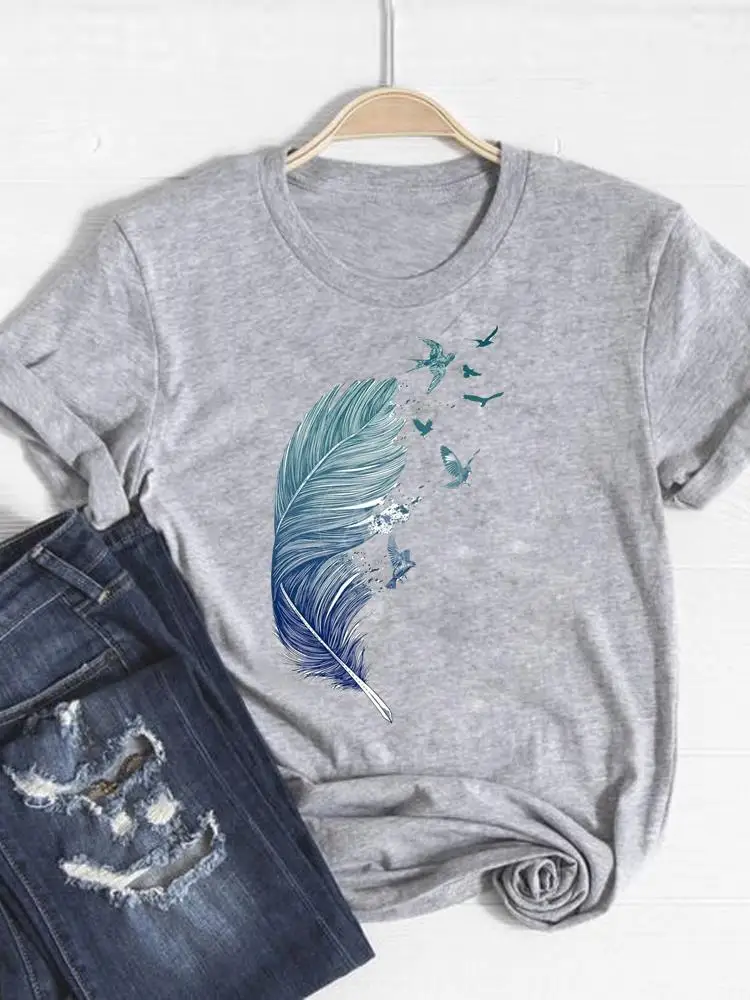 Feder Aquarell Schöne Druck T Shirt Kurzarm Sommer Top Mode Kleidung Frauen Kleidung Grau Basic Tee Grafik T-shirt – Detail 19