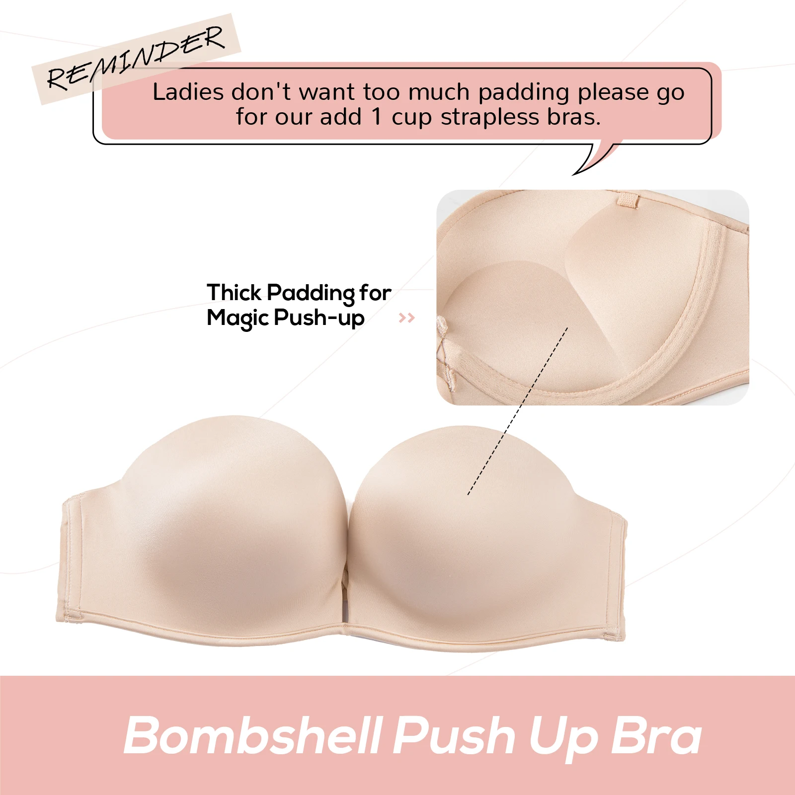 DOBREVA Women's Push Up Strapless Bra T-shirt Lace Underwire Add-2-Cup Bandeau Bras Black Nude Beige