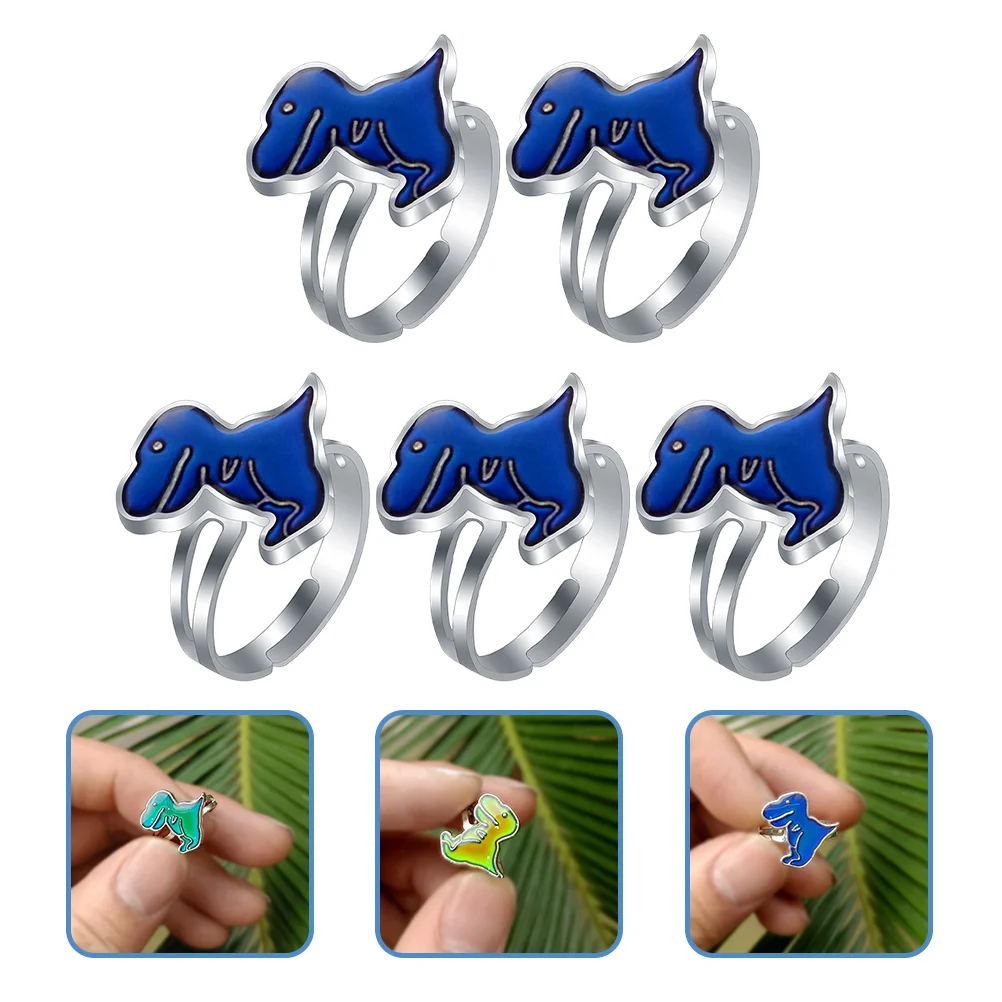 2pcs Dinosaur Shaped Mood Sensing Temperature Rings Color Changing Finger Rings Adjustable Kids Accessories Fashion Toys Pretend