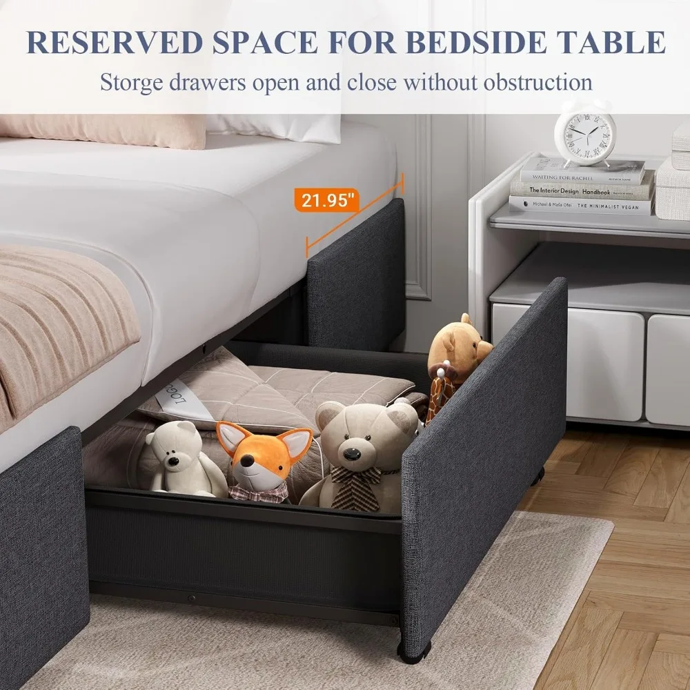 Size Platform Bed Frame with 3 Storage Drawers, Fabric Dust-Proof Sliding Drawers, No Fixed Headboard, No Box Spring Neede 5