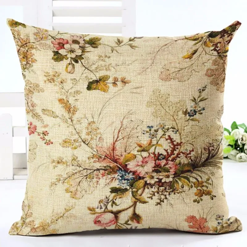 Vintage Style Cotton Linen Cushion Cover Creative Printed Flower Square Sofa Pillow Case Sofa Car Decor Almofadas Cojines