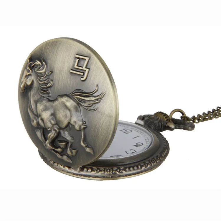12 Pieces Set Vintage Luxury Chinese Zodiac Constellation Carving Quartz Pocket Watch for Men Women Engraved Fob Chain Man Clock