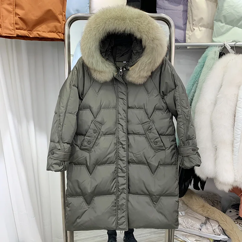 

Women Autumn Winter Hooded Fur Collar Pocket White Duck Down Coat Parka Ladies Long Zipper Loose Warm Solid Color Padded Jacket