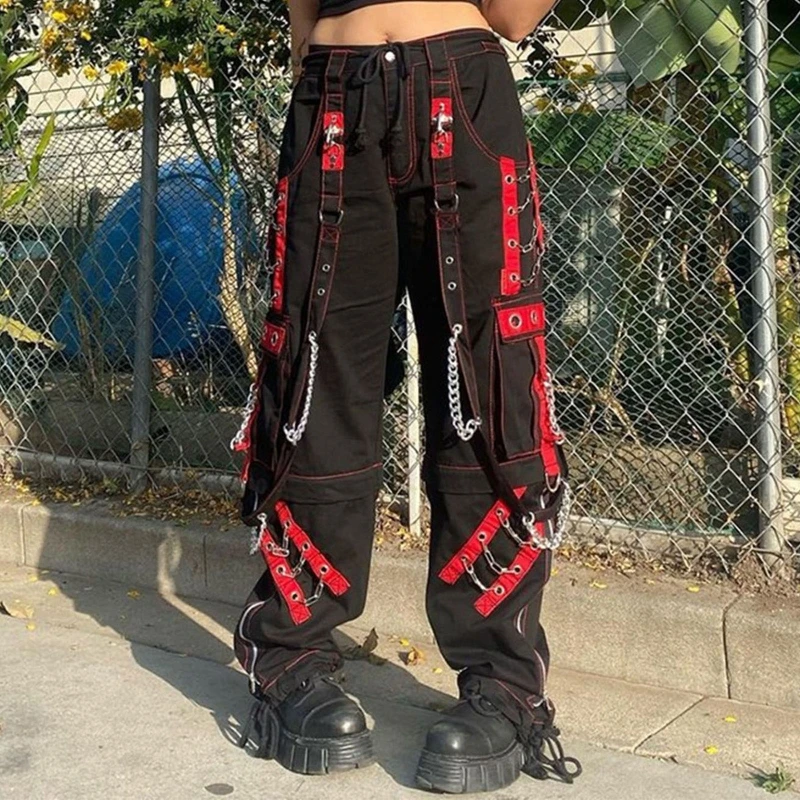 Women Dark Gothic Baggy Cargo Pants Harajuku Punk Colorblock