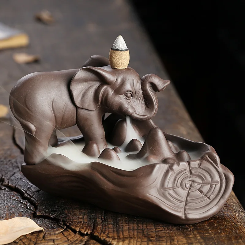 

Elephant Ceramic Backflow Incense Burner Zen Incense Waterfall Indoor Sandalwood Elephant Ornaments Home Office Desk Decoration