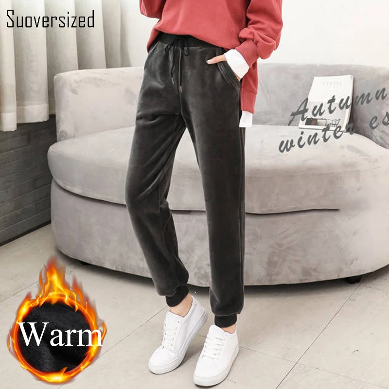 

Add Velvet Thicken Velour Sweatpants Women Winter Elastic Waist Capris Harem Pants Casual Black Basic Jogging Sports Trousers