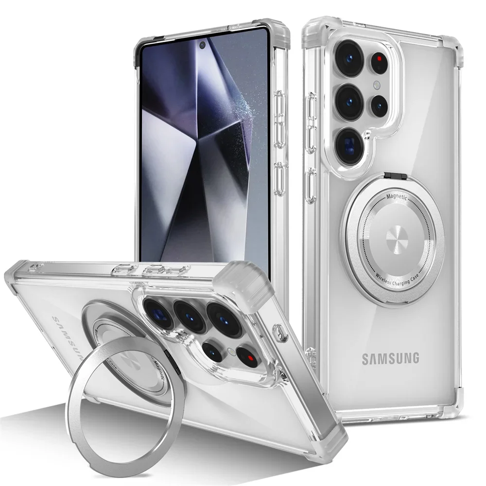 Rotating Magnetic Folding Stand Transparent Phone Case - Armor Shockproof Cover