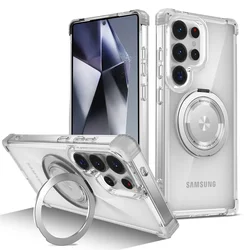 Rotating Magnetic Folding Stand Transparent Phone Case - Armor Shockproof Cover - Galaxy S23 Ultra (Transparent)