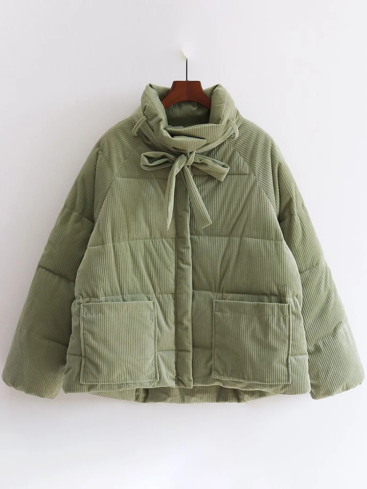 

Winter Parkas Women Vintage Corduroy Padding Coats Female Elegant Stand Collar Down Outerwear Lady Casual Fashion Lace-Up Jacket