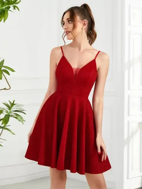 Elegant Evening Dresses Fancy Deep V Neck Backless Above Knee Length 2023 Ever Pretty of Red Prom Women Mini skirt images - 6