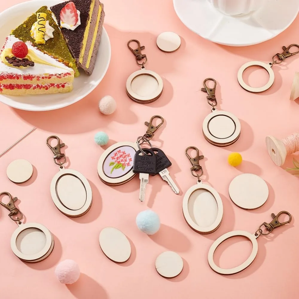 24 Pcs Mini Embroidery Hoop Keychain Tiny Wooden Cross Stitch Hoop with Lobster Claw Clasp Oval/Round Wood Pendant Kit for Craft