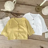 Summer Kids Baby Girls Boys Hollow-out Solid Top Outwear Infant Air-conditioned Mosquito Proof Thin Cardigan Breathable Jacket 3