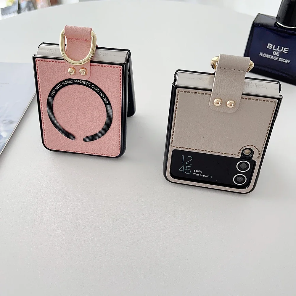 Premium PU Leather Magnetic Phone Case with Ring Holder and Magsafe Wireless Charging Compatibility