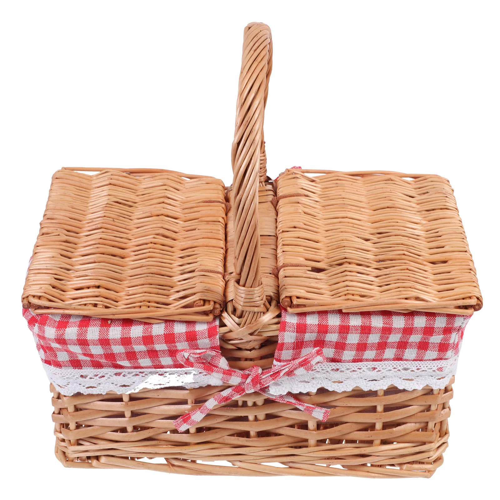 

Wicker Picnic Basket Split Lid Woven Basket Vintage Picnic Hamper Woodchip Storage Container Organizer Bins Handle Liner Camping