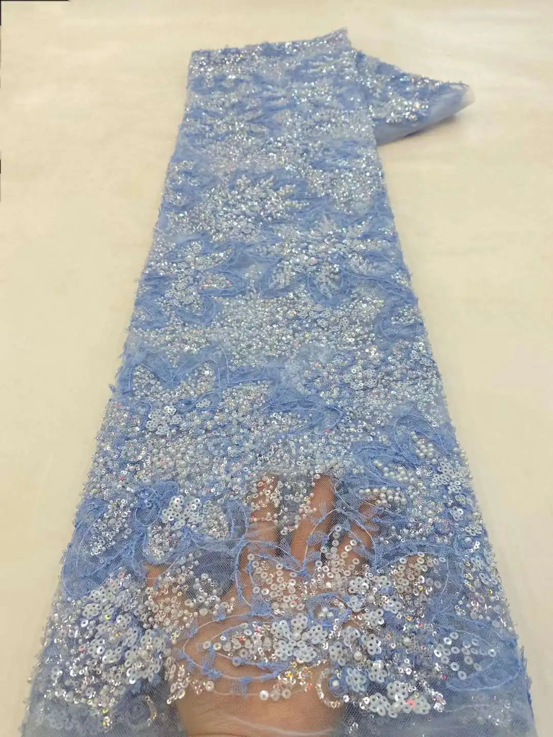 

Latest Beaded African Lace Fabric Luxury Handmade Beads Tulle Lace Fabric Nigerian Fabric For sequins Wedding Party Dress XZ