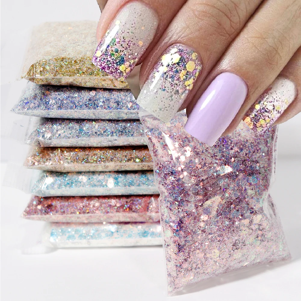 

50g/Bag Iridescent Mixed Hexagon Nail Glitter Sequins Holo Flakes Nail Art Powder Gel Polish Paillette Manicure Decor Accessorie