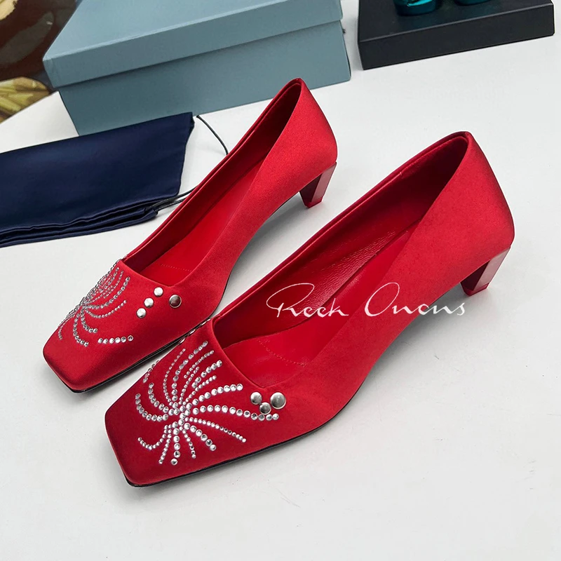 

Fashion Female Pumps Summer New Crystal Decor Satin Material Square Toe High Heels Flower Design Banquet Ladies Single Shoes