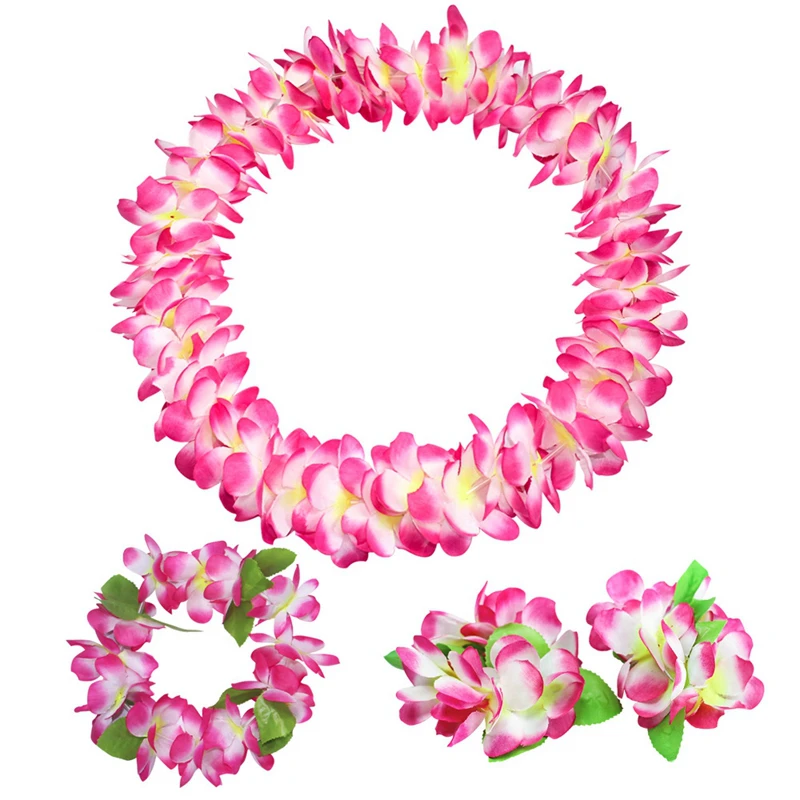 Set Hawaiano 4 Pezzi: Collana Lei, Bracciale Elastico E Fascia Per Capelli Con Fiori Tropicali Artificiali - Per Festa A Tema, Compleanno, Luau