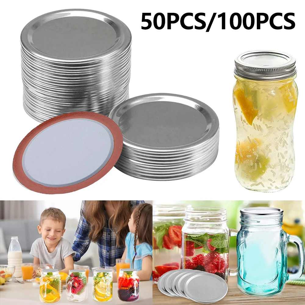 50/100PCS Mason Jar Lids Regular Mouth Canning Lids Silver Reusable Metal Canning Jar Lids Leak-proof Split-Type Canning Caps