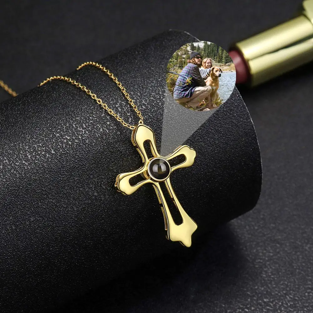 2023 Personalized Fashion Custom Projection Photo Necklace for Women Men Rose Gold Silver Color Cross Pendant Chain Jewelry Gift