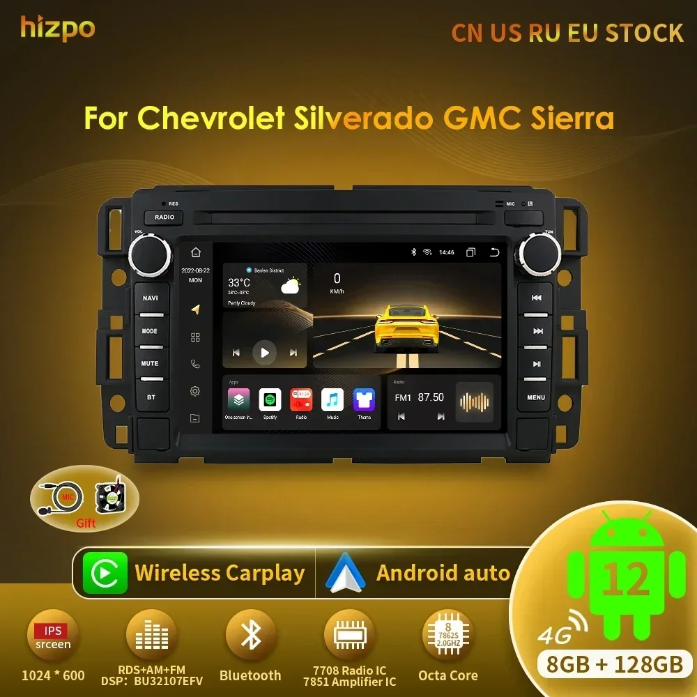 

Hizpo 2Din Android 12 Car Multimedia Player Radio for GMC Chevrolet Chevy Yukon Tahoe Suburban Sierra Acadia Automotivo GPS Navi