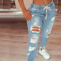 Fashion Vintage Blue Ripped Jeans Women Elastic Waist Drawstring Pencil Denim Jeans Office Lady Holes High Waist Trousers 30671