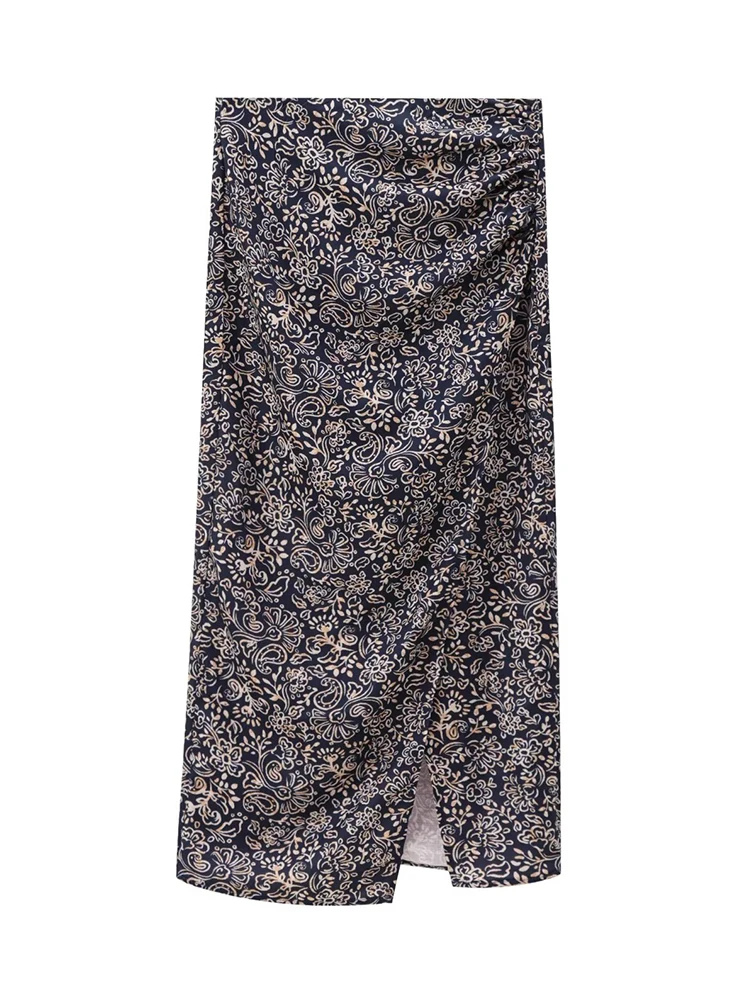 TFMLN New Women's Print Linen Skirt 2024 Vintage Holiday Style Zipper Straight Midi Skirts for Women