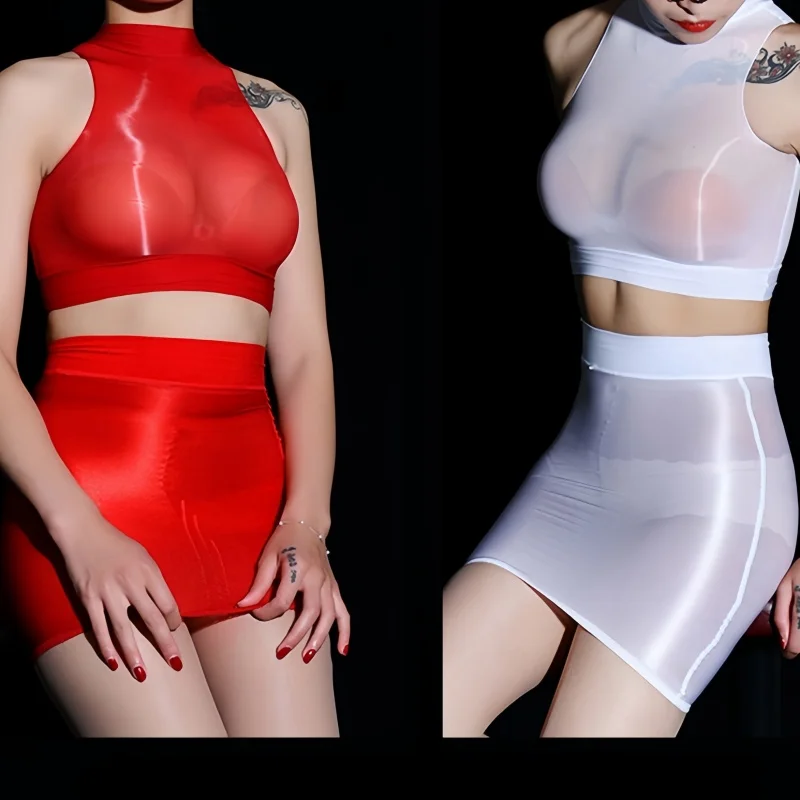 FREEAUCE Koreanischer Ölglanz-Reflexionsrock, durchsichtiger Rock in Übergröße, elastisch, sexy, transparent, weihnachtsrot, kurze Miniröcke für Damen – Detail 4