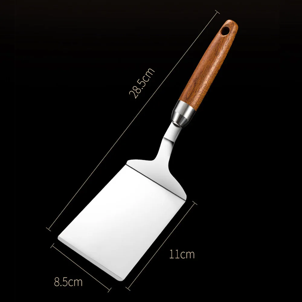 Food Shovel 403 Stainless Steel BBQ Plate Grill Scraper Pancake Spatula 8.5cm Large Shovel Surface with Wood Handle