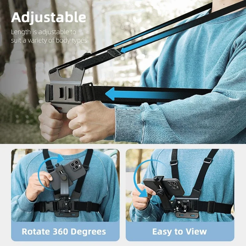 조절 가능한 헤드밴드와 가슴밴드가 있는 모바일폰 및 액션캠용 촬영 스탠드, GoPro, DJI 등과 호환 가능