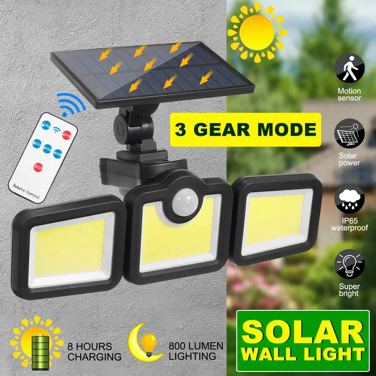 

3 Head 3 Mode Solar LED Lights 171/138/122/108 LED Waterproof Motion Sensor Solar Wall Light With Contorl Lamp For Garden Path